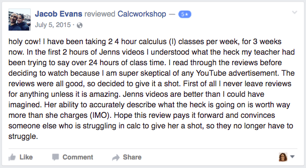 Jacob providing a 5 star Calcworkshop review via facebook