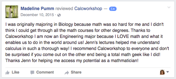 Madeline giving a 5 star review of Calcworkshop via facebook